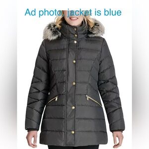 London Fog Navy Blue Faux-Fur Trim Hooded Down Puffer Jacket
